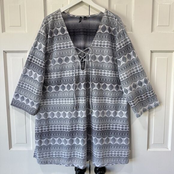 Portocruz Tunic Cover Up Swim Womens Size 2X Gray White Lace Up Semi Sheer - Picture 2 of 14